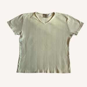 Vintage Liz Claiborne knit top tee, butter yellow, velvet collar, size M